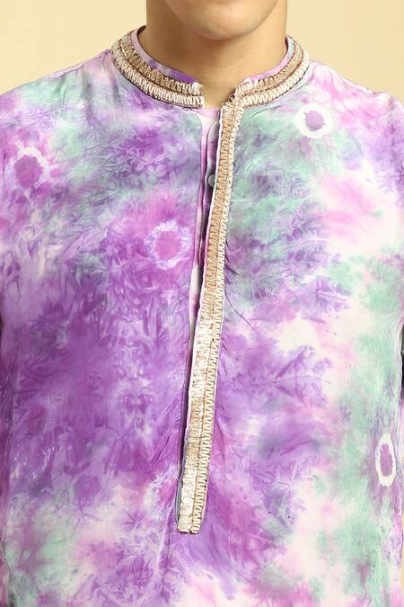 Masumi Mewawalla_Purple Silk, Linen, Crepe Embroidery Tie And Dye Kurta With Pant _Online_at_Aza_Fashions