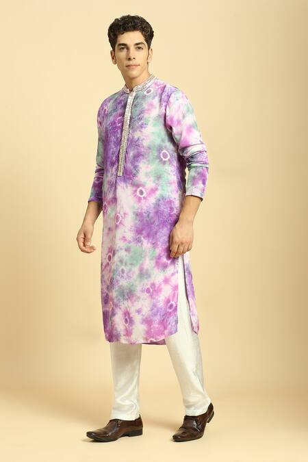 Buy_Masumi Mewawalla_Purple Silk, Linen, Crepe Embroidery Tie And Dye Kurta With Pant _Online_at_Aza_Fashions