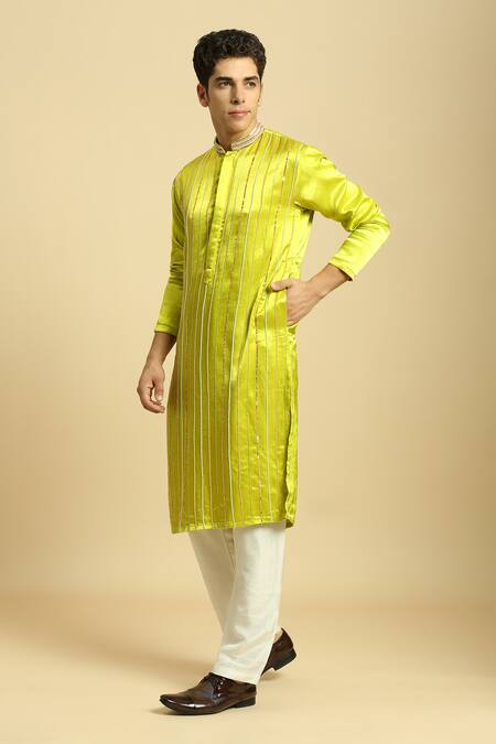 Masumi Mewawalla_Green Silk, Linen Beads Hand Embroidered Neon Kurta Set _Online_at_Aza_Fashions