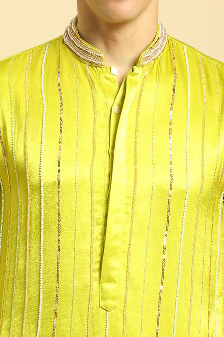 Buy_Masumi Mewawalla_Green Silk, Linen Beads Hand Embroidered Neon Kurta Set _Online_at_Aza_Fashions