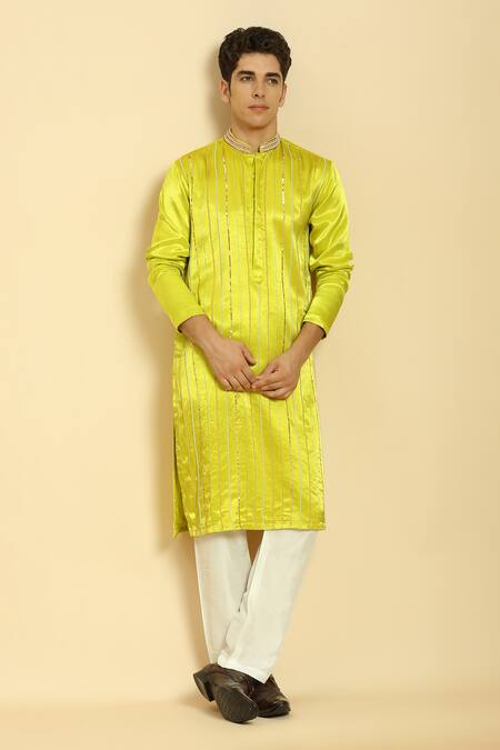 Shop_Masumi Mewawalla_Green Silk, Linen Beads Hand Embroidered Neon Kurta Set _Online_at_Aza_Fashions