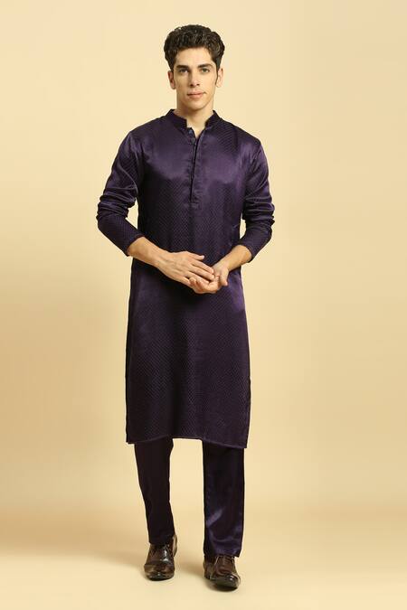 Masumi Mewawalla_Purple Tissue Embroidery, Zari Kurta Set With Border Dupatta _Online_at_Aza_Fashions