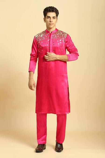 Masumi Mewawalla_Pink Maheshwari, Silk Sequins Embroidered Kurta With Pant _Online_at_Aza_Fashions