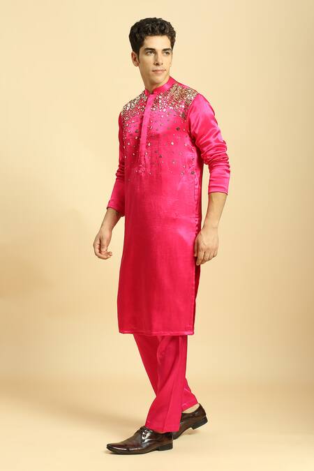 Buy_Masumi Mewawalla_Pink Maheshwari, Silk Sequins Embroidered Kurta With Pant _Online_at_Aza_Fashions