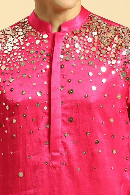 Shop_Masumi Mewawalla_Pink Maheshwari, Silk Sequins Embroidered Kurta With Pant _Online_at_Aza_Fashions