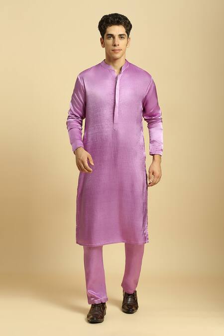 Masumi Mewawalla_Purple Gabardine, Linen, Maheshwari, Silk Solid Kurta Set With Ombre Dupatta _Online_at_Aza_Fashions