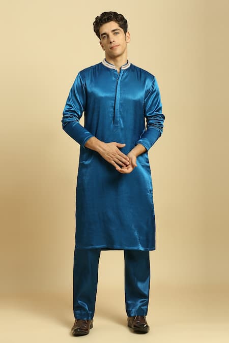 Masumi Mewawalla_Blue Maheshwari, Silk Embroidery Hand Collar Kurta Set _Online_at_Aza_Fashions