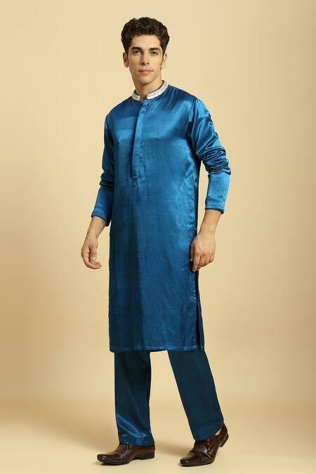 Buy_Masumi Mewawalla_Blue Maheshwari, Silk Embroidery Hand Collar Kurta Set _Online_at_Aza_Fashions