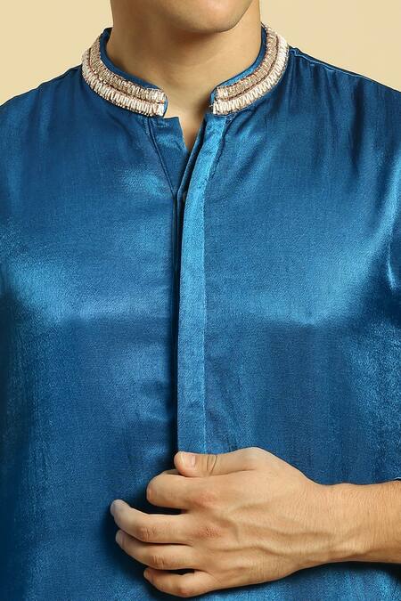 Shop_Masumi Mewawalla_Blue Maheshwari, Silk Embroidery Hand Collar Kurta Set _Online_at_Aza_Fashions