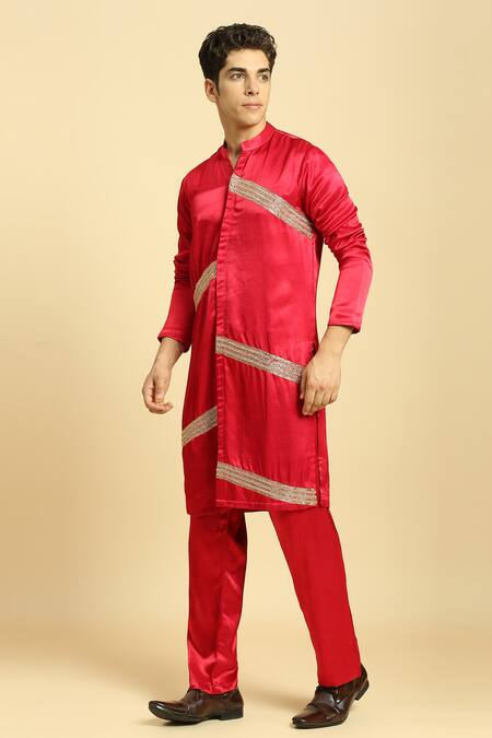 Masumi Mewawalla_Red Maheshwari, Silk Zari, Embroidery Kurta And Pant Set _Online_at_Aza_Fashions
