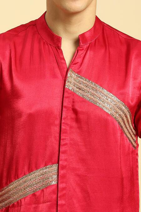 Buy_Masumi Mewawalla_Red Maheshwari, Silk Zari, Embroidery Kurta And Pant Set _Online_at_Aza_Fashions