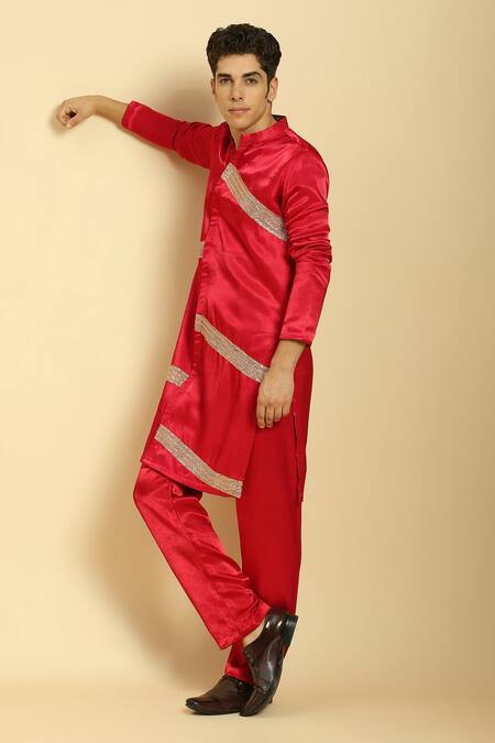 Shop_Masumi Mewawalla_Red Maheshwari, Silk Zari, Embroidery Kurta And Pant Set _Online_at_Aza_Fashions