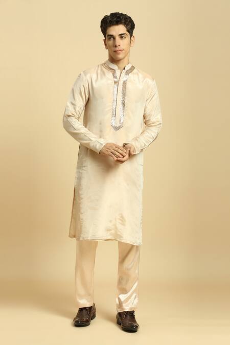 Masumi Mewawalla_Peach Tissue, Lurex Embroidery Straight Kurta Set With Ombre Dupatta _Online_at_Aza_Fashions