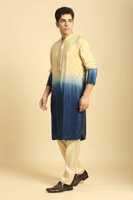 Masumi Mewawalla_Beige Silk, Crepe Embroidery Placket Ombre Kurta Pant Set _Online_at_Aza_Fashions