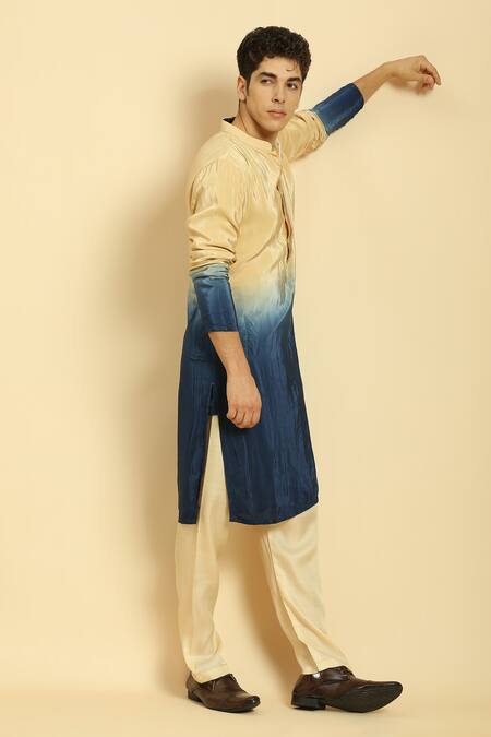 Shop_Masumi Mewawalla_Beige Silk, Crepe Embroidery Placket Ombre Kurta Pant Set _Online_at_Aza_Fashions