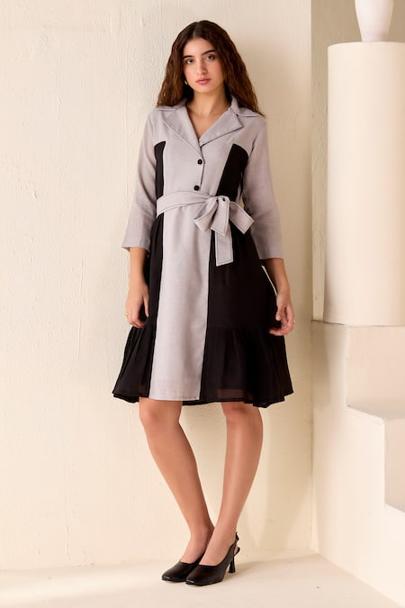 Savaaya_Grey Linen Buckles Collared Colourblock Panelled Dress With Belt _Online_at_Aza_Fashions
