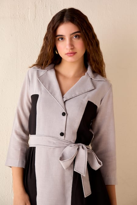 Shop_Savaaya_Grey Linen Buckles Collared Colourblock Panelled Dress With Belt _Online_at_Aza_Fashions