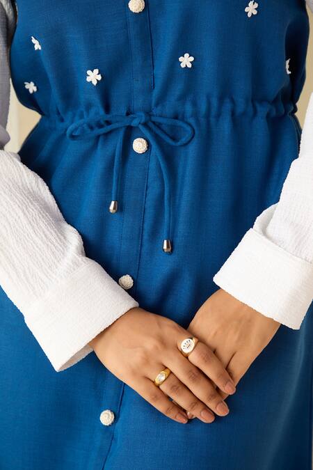 Shop_Savaaya_Blue Viscose, Linen Embroidery Collared Floral Applique Dress_Online_at_Aza_Fashions