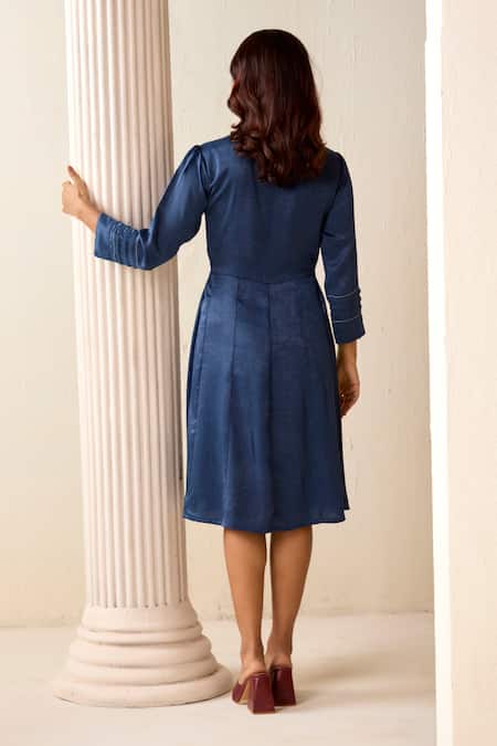Shop_Savaaya_Blue Silk, Suede Applique Collared Panelled Dress _at_Aza_Fashions