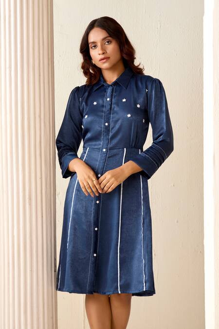 Savaaya_Blue Silk, Suede Applique Collared Panelled Dress _Online_at_Aza_Fashions