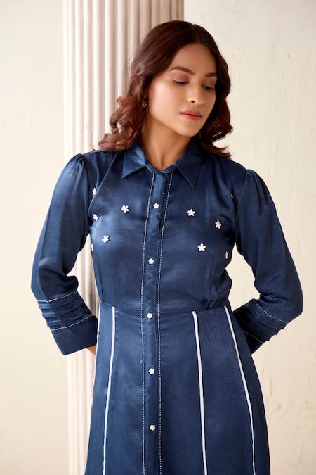 Shop_Savaaya_Blue Silk, Suede Applique Collared Panelled Dress _Online_at_Aza_Fashions