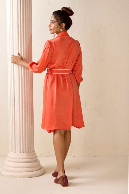 Shop Savaaya Orange Silk Bows Collared Textured Dress With Belt at Aza Fashions Shop_Savaaya_Orange Silk Bows Collared Textured Dress With Belt_at_Aza_Fashions