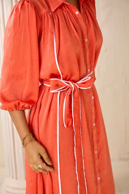 Shop Savaaya Orange Silk Bows Collared Textured Dress With Belt Online at Aza Fashions Shop_Savaaya_Orange Silk Bows Collared Textured Dress With Belt_Online_at_Aza_Fashions