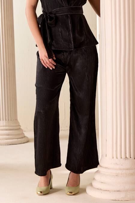 Savaaya_Black Silk, Suede Embroidery Collared Textured Jacket Pant Set_Online_at_Aza_Fashions