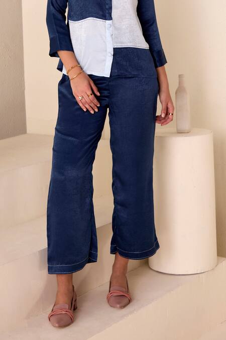 Savaaya Blue Silk, Suede Tonal Colourblock Shirt With Pant Online at Aza Fashions Savaaya_Blue Silk, Suede Tonal Colourblock Shirt With Pant_Online_at_Aza_Fashions