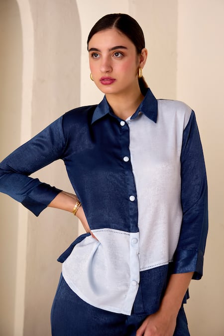 Shop Savaaya Blue Silk, Suede Tonal Colourblock Shirt With Pant Online at Aza Fashions Shop_Savaaya_Blue Silk, Suede Tonal Colourblock Shirt With Pant_Online_at_Aza_Fashions
