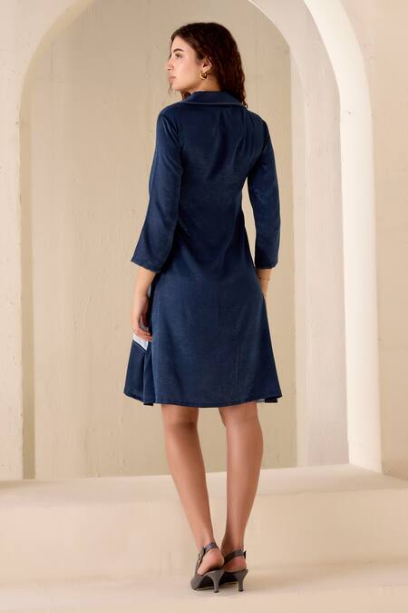 Shop_Savaaya_Blue Suede, Silk Collared Colourblock Panelled Dress _at_Aza_Fashions