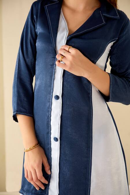 Shop_Savaaya_Blue Suede, Silk Collared Colourblock Panelled Dress _Online_at_Aza_Fashions