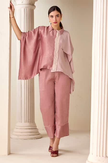 Savaaya Pink Suede Silk Colourblock Shirt Collar Tonal Kaftan With Pant 