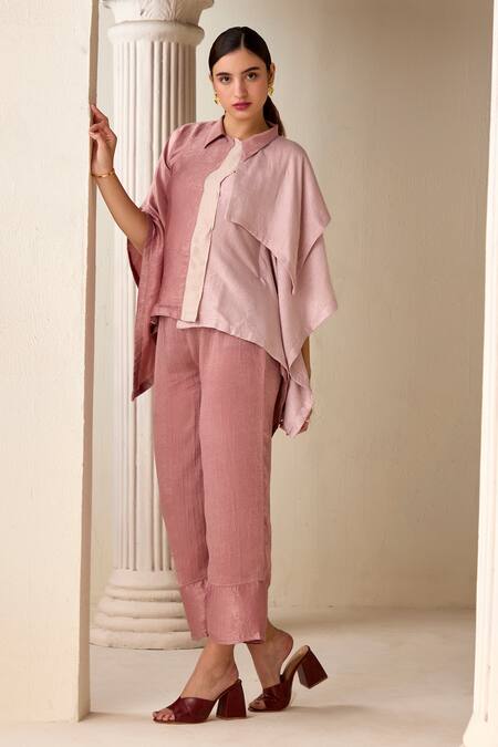 Savaaya Pink Suede, Silk Collared Tonal Colourblock Kaftan Shirt With Pant Online at Aza Fashions Savaaya_Pink Suede, Silk Collared Tonal Colourblock Kaftan Shirt With Pant_Online_at_Aza_Fashions