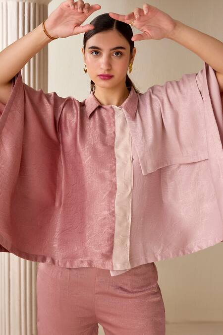 Buy Savaaya Pink Suede, Silk Collared Tonal Colourblock Kaftan Shirt With Pant Online at Aza Fashions Buy_Savaaya_Pink Suede, Silk Collared Tonal Colourblock Kaftan Shirt With Pant_Online_at_Aza_Fashions