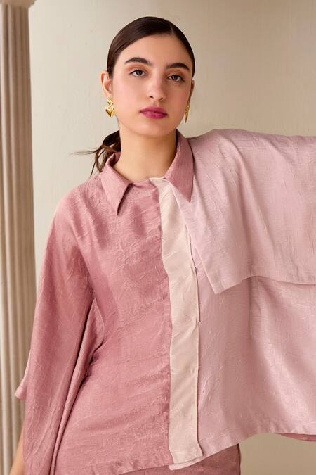 Shop Savaaya Pink Suede, Silk Collared Tonal Colourblock Kaftan Shirt With Pant Online at Aza Fashions Shop_Savaaya_Pink Suede, Silk Collared Tonal Colourblock Kaftan Shirt With Pant_Online_at_Aza_Fashions