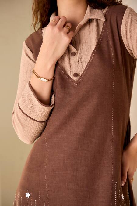 Shop_Savaaya_Brown Viscose, Linen Embroidery, Applique Shawl Tonal Colourblock Textured Dress _Online_at_Aza_Fashions