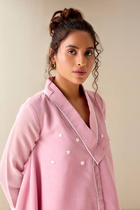 Buy_Savaaya_Pink Linen Blend Applique V-neck Flared Shirt _Online_at_Aza_Fashions