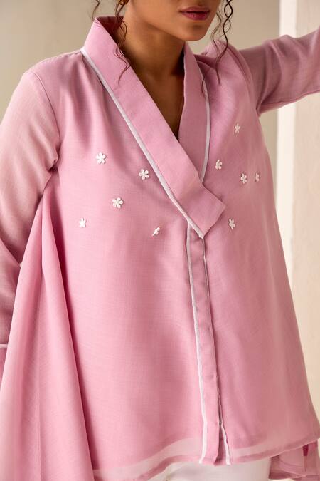 Shop_Savaaya_Pink Linen Blend Applique V-neck Flared Shirt _Online_at_Aza_Fashions