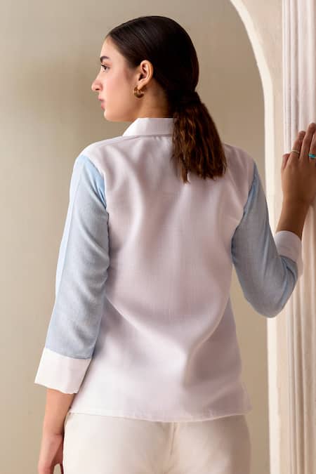 Shop Savaaya Blue Linen Blend Colourblock Shirt Collar Panel at Aza Fashions Shop_Savaaya_Blue Linen Blend Colourblock Shirt Collar Panel _at_Aza_Fashions