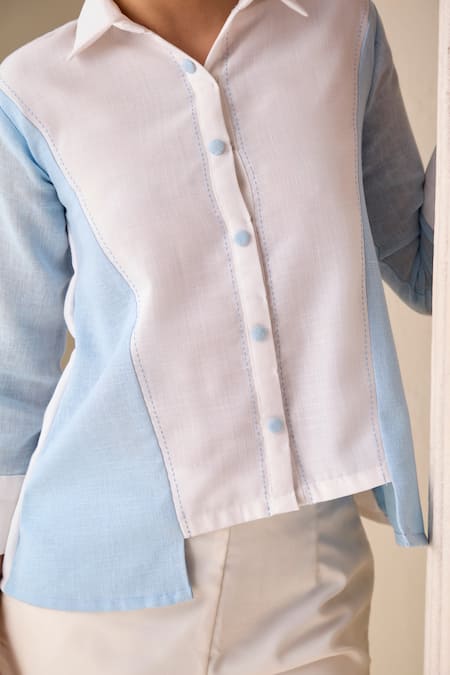 Savaaya Blue Linen Blend Colourblock Shirt Collar Panel Online at Aza Fashions Savaaya_Blue Linen Blend Colourblock Shirt Collar Panel _Online_at_Aza_Fashions