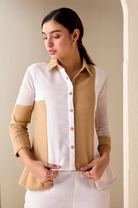 Savaaya_Beige Linen Blend Colourblock Shirt Collar High Low _Online_at_Aza_Fashions