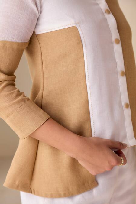Buy_Savaaya_Beige Linen Blend Colourblock Shirt Collar High Low _Online_at_Aza_Fashions