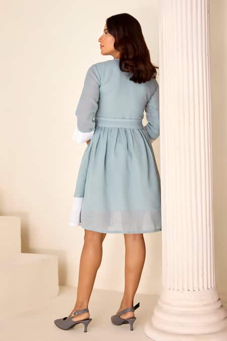 Shop_Savaaya_Blue Linen Embroidery Round Neck Dress With Belt _at_Aza_Fashions