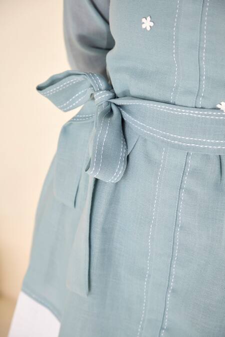 Shop_Savaaya_Blue Linen Embroidery Round Neck Dress With Belt _Online_at_Aza_Fashions