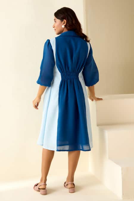 Shop Savaaya Blue Linen Embroidery Collared Floral Lace Dress at Aza Fashions Shop_Savaaya_Blue Linen Embroidery Collared Floral Lace Dress _at_Aza_Fashions