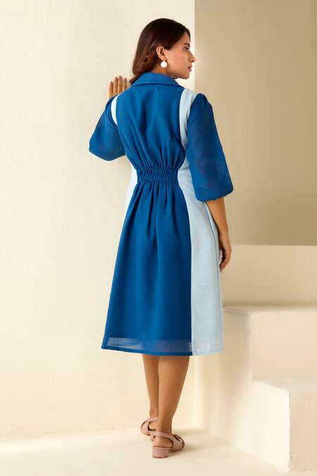 Shop Savaaya Blue Linen Embroidery Collared Floral Lace Dress Online at Aza Fashions Shop_Savaaya_Blue Linen Embroidery Collared Floral Lace Dress _Online_at_Aza_Fashions