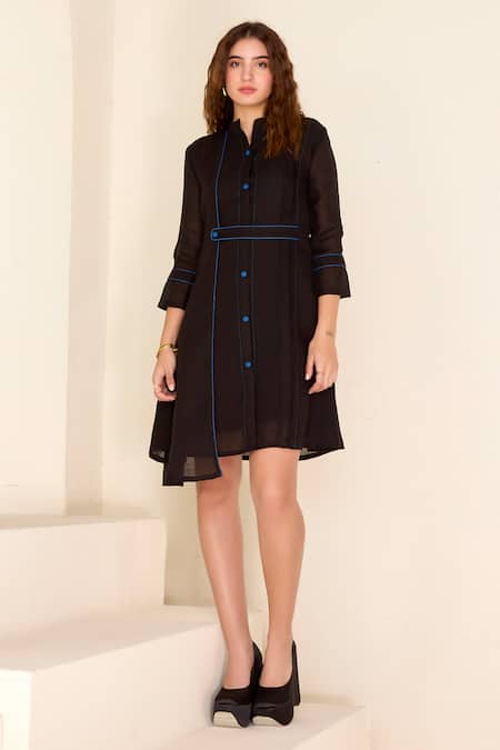 Savaaya Black Linen Blend Embroidered Thread Band Collar Dress 