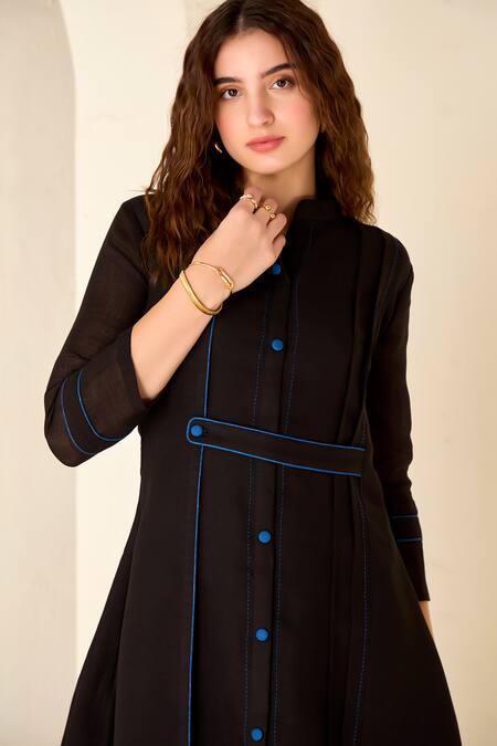 Buy_Savaaya_Black Linen Embroidery Bandeau Neck Thread Dress _Online_at_Aza_Fashions