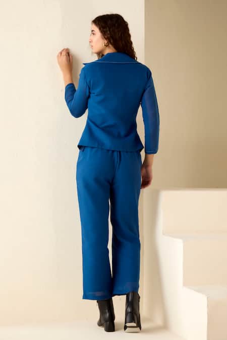 Shop Savaaya Blue Linen Embroidery Collared Thread Jacket And Pant Set at Aza Fashions Shop_Savaaya_Blue Linen Embroidery Collared Thread Jacket And Pant Set_at_Aza_Fashions